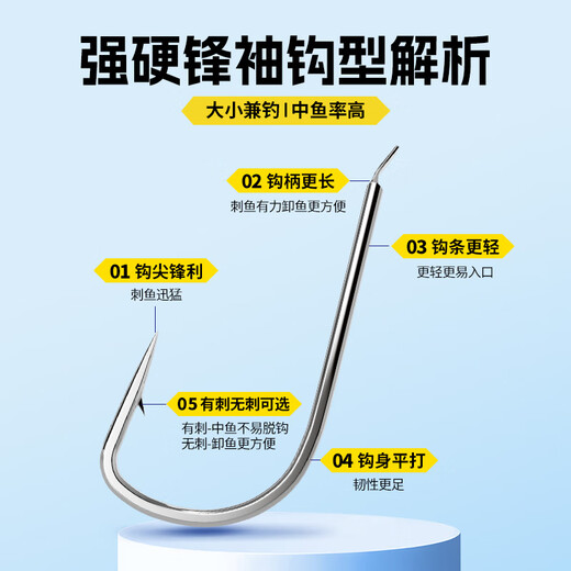 Jiuyan's tough front sleeves are tied with good sub-threads and double hooks. Finished set sleeve hooks are thorn-free for wild fishing crucian carp and are anti-winding short sub-thread fish hooks. 25cm tough front sleeves have thorns. Hooks are 5 and 0.8.