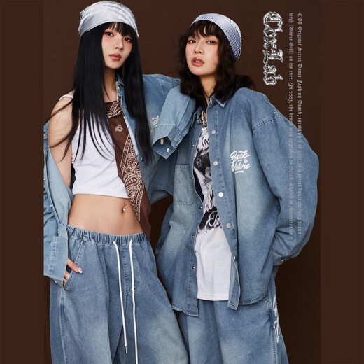 CBXLAB hip-hop trendy brand blue skin-friendly loose soft hot girl denim jacket hip-hop street American casual pants trendy in stock - long blue hip-hop denim jacket S