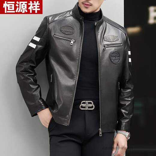 Hengyuanxiang Haining first layer cowhide leather jacket men's leather jacket short stand collar spring and autumn handsome motorcycle riding jacket black regular L 50 125-140Jin Jin equals 0.5 kg