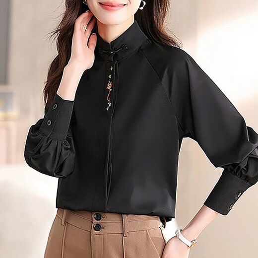 Chinesischer Stil, nationaler Stil, besticktes Oberteil, Frühling und Herbst, neue Mode, Hemd im westlichen Stil, große Größe, Stehkragen, Plattenknopf, Hanfu-Langarmhemd, Langarmhemd ZS-567*, weiß, L (105–120 Jin entspricht 0,5 kg)