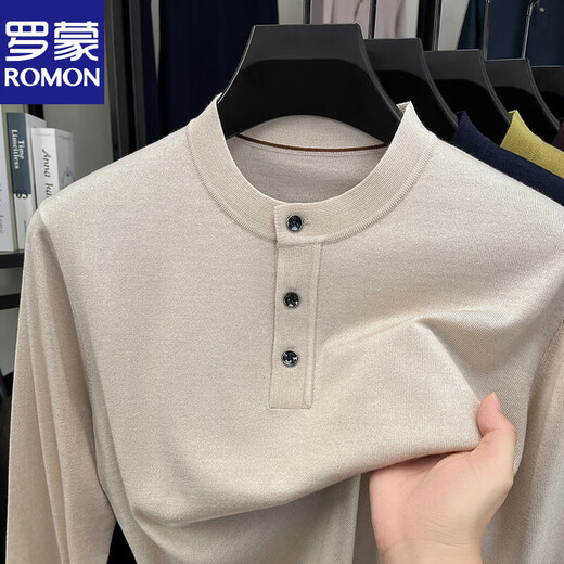 ROMON high-end men's Henry collar button-down sweater with wool long-sleeved bottoming shirt solid color versatile sweater spring and autumn Pearl Apricot M