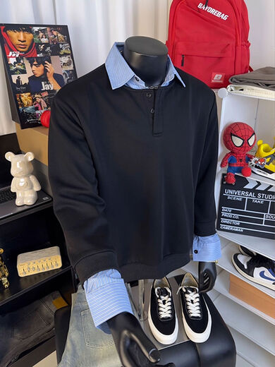 Jingyan selects American retro shirts spliced with fake two-piece long-sleeved T-shirts for men, autumn Henry collar, versatile shoulder guard, black upgraded version 95 user choice M M