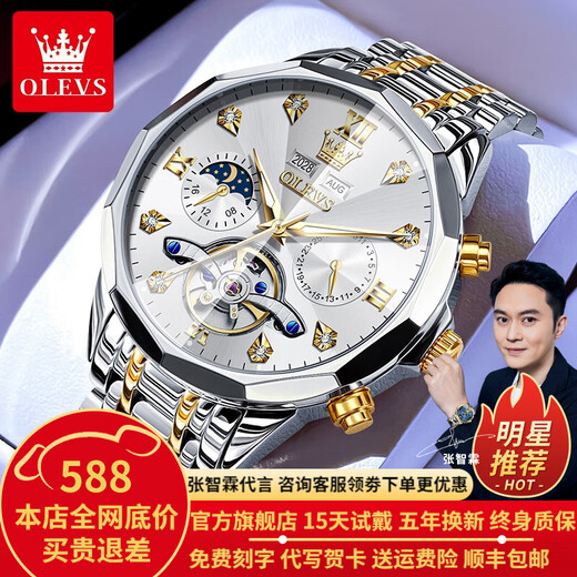 欧利时（OLEVS）瑞士认证品牌手表男机械表全自动夜光防水男士手表多功能镂空男表 欧利时-6621-钢带间白