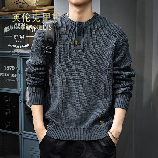 VILVKELIS British Chris-style Henry collar sweater for men in autumn loose large size with long-sleeved American retro casual sweater Khaki M _Suitable weight 105-115Jin Jin equals 0.5 kg