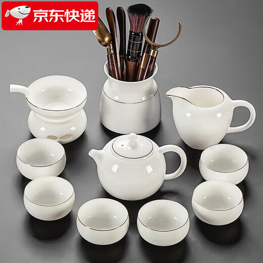 Xiangye's new complete set of mutton-fat jade Kung Fu tea set for home light luxury high-end white jade tea cup office reception complete set teapot six-cup tea set 10 pieces