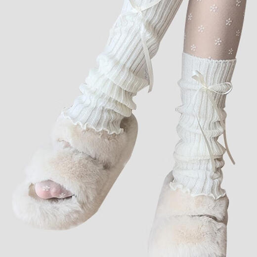 Shiganu long bow knitted socks for women autumn and winter thickened leg warmers black long pile socks jk Japanese socks black socks 40cm + white bow