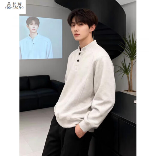 Wu Quanwan American style heavyweight velvet Henry collar inner layering shirt men's cleanfit simple right shoulder slim long-sleeved sweatshirt Black plus velvet models are in stock now Black plus velvet 5XL