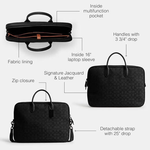 COACH Men's Business Briefcase Multi-compartment Design Built-in Laptop Bag Removable Shoulder Strap Black MEDIUM