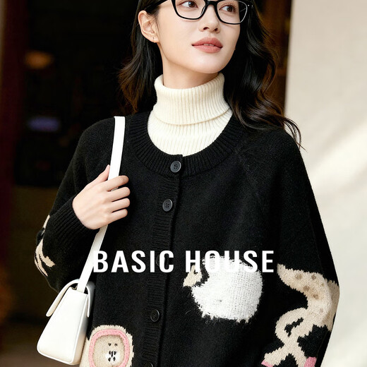 Basic House Basic House/Baijiahao sheep wool knitted cardigan for women autumn fun animal jacquard loose sweater jacket black M