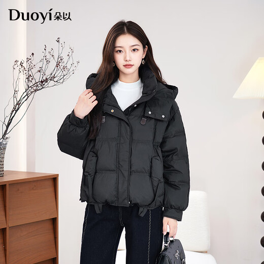 朵以2025冬季新款时尚短款面包服鸭绒小个子连帽羽绒服保暖外套女 馥郁红 M