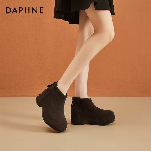 Daphne short boots for women thick-soled low-heeled inner heightening solid color plus velvet comfortable round toe back zipper ankle boots for women brown 37