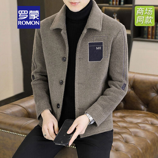 ROMON High-End-Revers-Herren-Wolljacke für Männer im Herbst und Winter, lässige, verdickte kurze Wolljacke, goldene Nerz-Samtjacke für Männer, Khaki XL, empfohlen 120–135 Jin Jin entspricht 0,5 kg