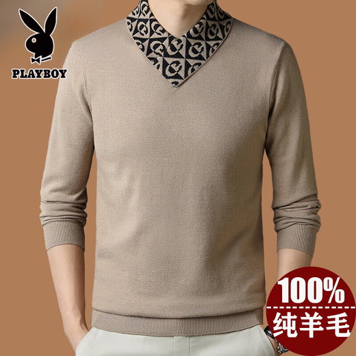 Playboy high-end men's wool sweater 100% wool 2025 new V-neck sweater autumn and winter fashionable pure wool bottoming shirt for men 927 models pure black XL 175 recommended weight 135-155Jin Jin equals 0.5 kg