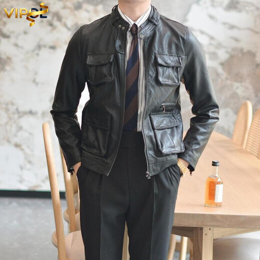 VIPOL Autumn and Winter New British Retro Hunting Stand Collar PU Leather Jacket Men's Korean Style Light Luxury Slim Workwear Leather Jacket Black XL