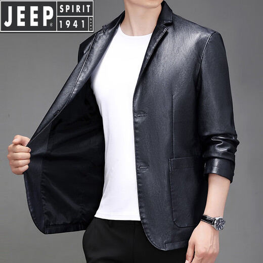 JEEP SPIRIT Jeep Haining imitation leather leather jacket men's autumn imitation sheepskin suit jacket slim casual single leather suit jacket black 2XL