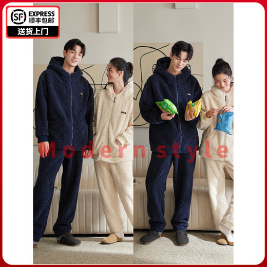 FENTENGG anti-static sherpa couple hooded pajamas for women winter coral velvet thickened men's home wear set 64401 milk white-female L
