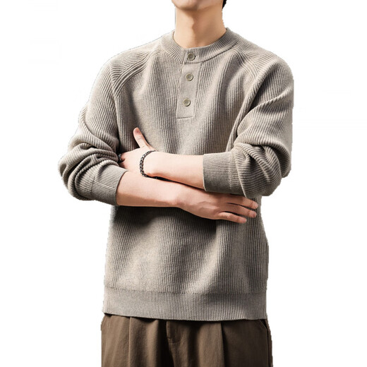 AX Armani broken code 2026 high-end American retro Henry collar men's sweater autumn and winter new style lazy loose long oatmeal color S suitable for 90-110Jin Jin equals 0.5 kg