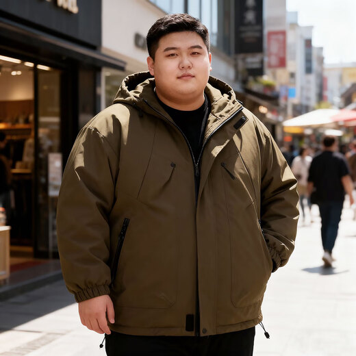 Fat, handsome, fashionable and fat cotton-padded jacket for men, winter warm and windproof plus fat plus size casual loose hooded cotton jacket, Khaki 7XL (suitable for 240-260Jin Jin is equal to 0.5kg)