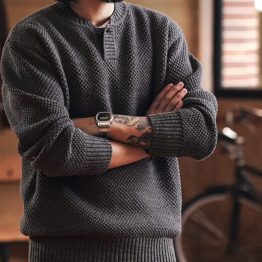 Houchen American retro tough guy Henry collar sweater men's autumn and winter new loose old money style casual sweater sweater Huahui 2XL (170-190Jin Jin equals 0.5 kg)