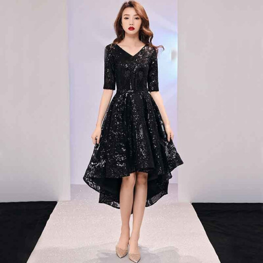 Free and easy banquet dance casual fashion trend showing temperament birthday party short-sleeved dress women's party annual meeting dress black mid-length S