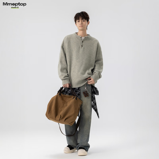 MMOPTOP Retro Henry Collar Sweater Men's Autumn and Winter Warm Loose Casual All-match Knitted Sweater MY109 Light Gray XL