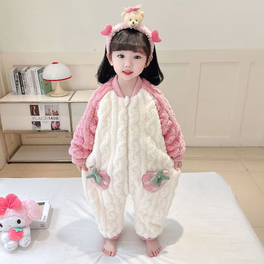 Girls sleeping bag one-piece coral winter thickened double layer baby autumn and winter children's flannel winter pajamas strawberry pink 90
