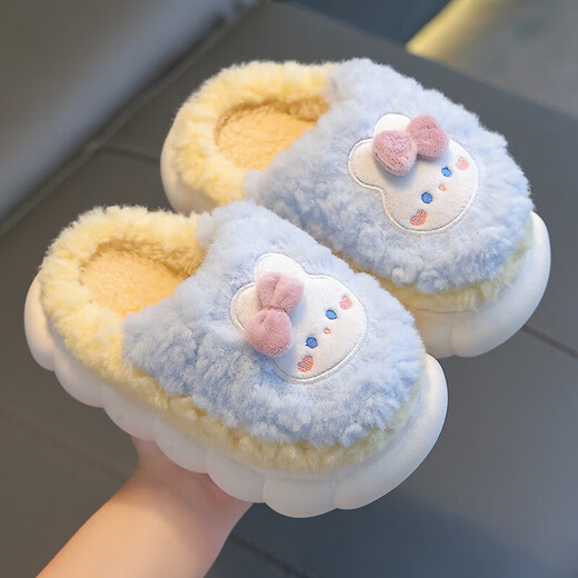 Winter children's cotton slippers for boys and girls, warm and non-slip plus velvet parent-child bag with heel for small and medium-sized children, plush cotton slippers, upgraded gray bear slippers, size 12 38/39 (suitable for 37/38 feet)