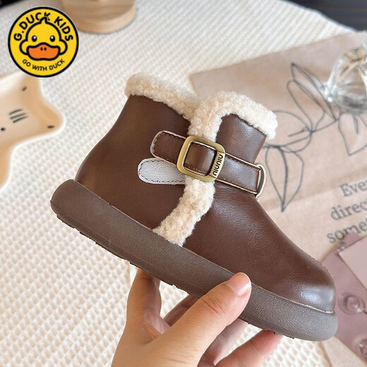G.duck Little Yellow Duck Girls' Boots Children's 2025 Winter Plush Leather Boots Warm Baby Princess Short Boots Black New Brown Brown Warm Cotton 34 Inner Length 20.8cm