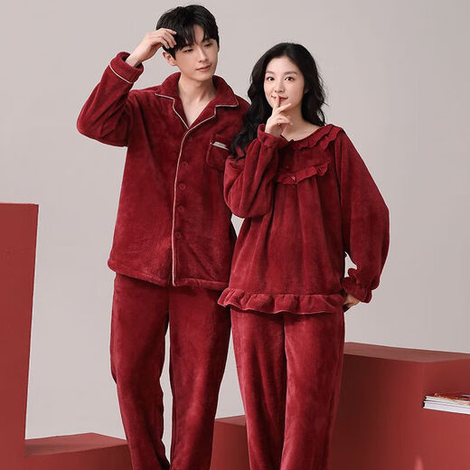 Victoria style wedding couple pajamas winter coral velvet warm red zodiac year newlywed men and women home wear outer suit CY9950 M female + male L