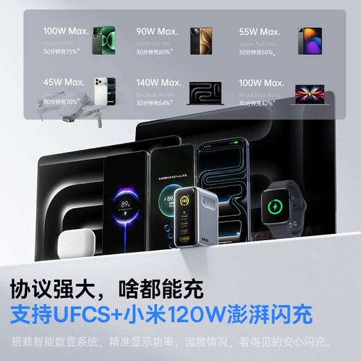 Baseus 140W conjunto de cargador de nitruro de galio pantalla tipo-c multipuerto PD carga rápida 100w cabezal de carga de teléfono móvil adecuado para computadora portátil iphone17 Xiaomi 120W plata