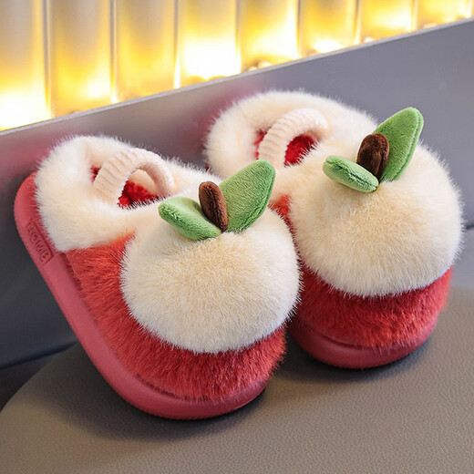 Tiaodegao children's cotton slippers for girls, indoor and outdoor home warm floor shoes, cute cartoon apple plush cotton shoes, red, size 26-27, inner length about 17cm