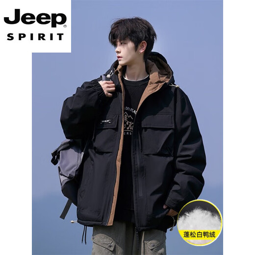 JEEP SPIRIT Daunenjacke Herren 2025 Winter American Plus Size Weiße Entendaunen Warme Daunenjacke mit Kapuze Schwarz 2XL