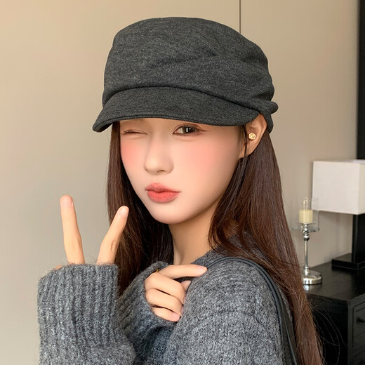 Yi Jian Japanese Yamamoto style black pleated beret women's autumn and winter new retro duck bill newsboy hat painter hat versatile retro pleated octagonal hat black one size (internally adjustable, suitable for small heads)