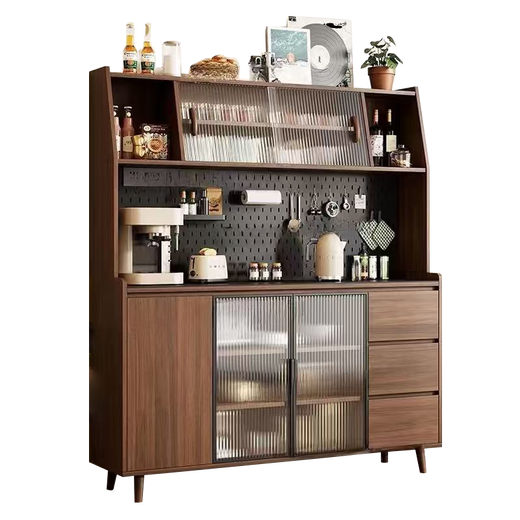 Idason solid wood sideboard integrated wall-mounted Nordic modern living room wine cabinet tea cabinet multi-functional kitchen storage cabinet 100cm double door three drawers + Changhong glass