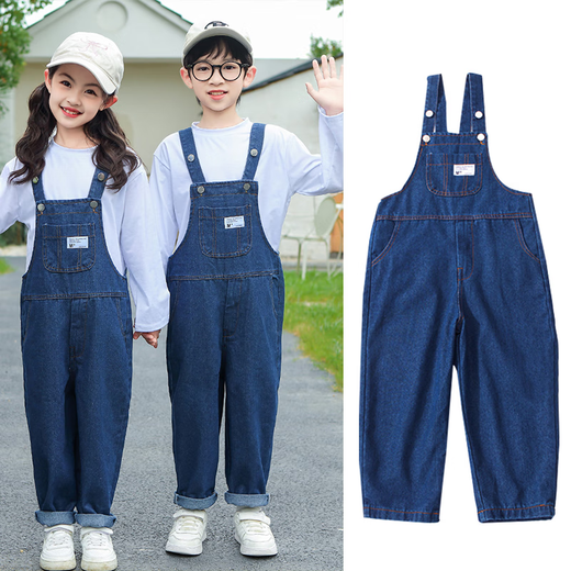 Sichuan boys and girls same style denim overalls 2025 spring, autumn and winter plus velvet jeans medium and large children's loose overalls half size too small blue five pockets 150cm