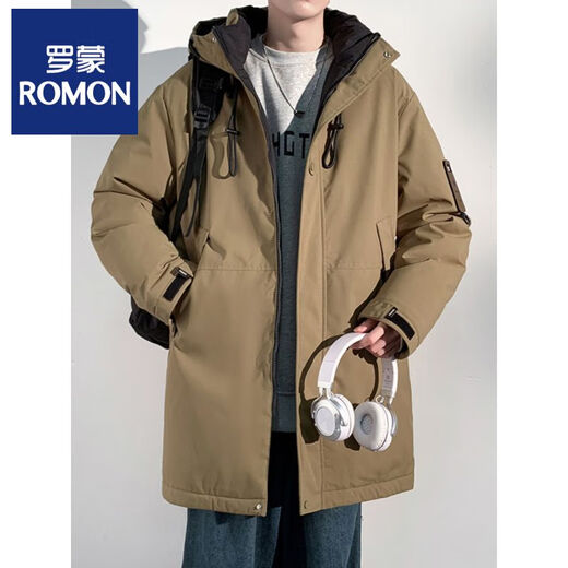 ROMON mid-length cotton-padded jacket for men in winter, hooded thickened cotton-padded jacket, warm and handsome military coat, workwear down jacket for men, military green 2375 S