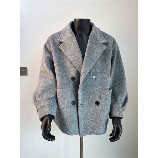 XUANSENTU gray alpaca short woolen coat men's winter thickening Korean style British yuppie windbreaker jacket trendy light gray plus velvet 2XL