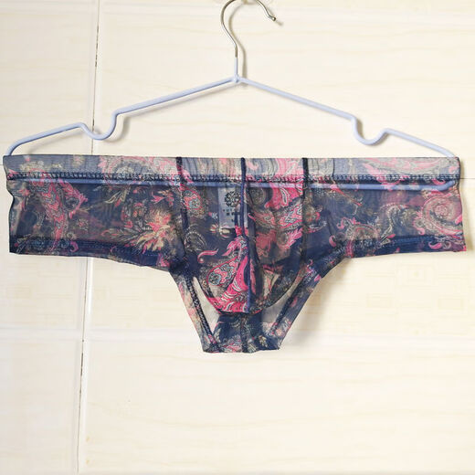 2 pieces of men's printed large pouch sexy boxer briefs U convex transparent mesh thong half hip coverage sports narrow hips Royal blue one size large S2-2 points 3 feet
