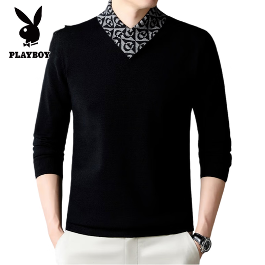 Playboy high-end men's wool sweater 100% wool 2025 new V-neck sweater autumn and winter fashionable pure wool bottoming shirt for men 927 models pure black XL 175 recommended weight 135-155Jin Jin equals 0.5 kg