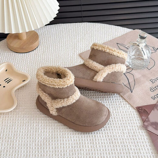 Genuine leather girls' cotton shoes, winter children's velvet shoes, warm snow boots, baby winter shoes, furry shoes, Birkenstock boots, khaki flagship version, upgraded quality 25, inner length 15.5cm