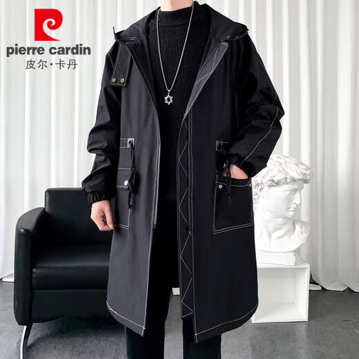 Pierre Cardin windbreaker men's mid-length coat autumn and winter warm cotton coat winter velvet thickened sherpa coat hooded cloak black-velvet thickened XL 140-160Jin Jin equals 0.5 kg