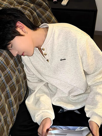 Floral Gray Henley Collar Sweatshirt Men's Autumn and Winter Velvet Thickened Undershirt American Style Hoodless Cleanfit Jacket White Floral Gray Upgraded M Collection Priority for Additional Purchases b