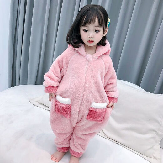Children's one-piece pajamas autumn and winter thickened velvet warm sleeping bag for boys and girls belly protection plush warm home clothes pink 120