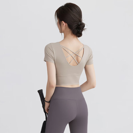 VOJ Yoga Wear Women's New Style Short-Sleeved Sports Fitness Pilates Training Wear with Breast Pads Women's Tops and Beautiful Back Set Ginkgo Super Stable Cup S Recommended Weight 95Jin Jin is equal to within 0.5kg