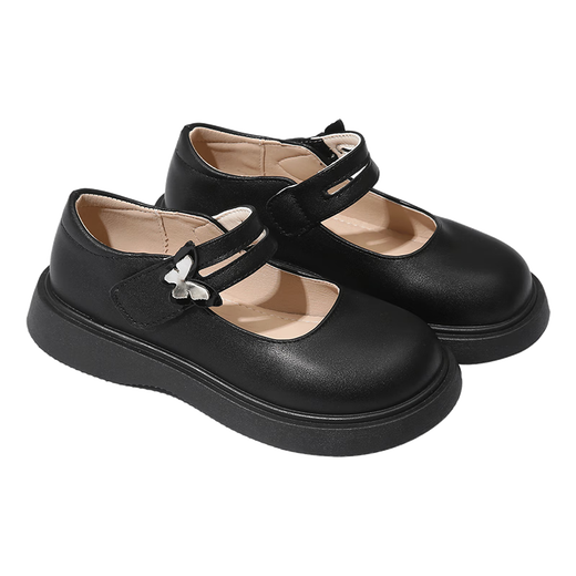 Gunia girls children's leather shoes autumn and winter square mouth breathable soft sole shoes children's campus performance shoes black matte 35