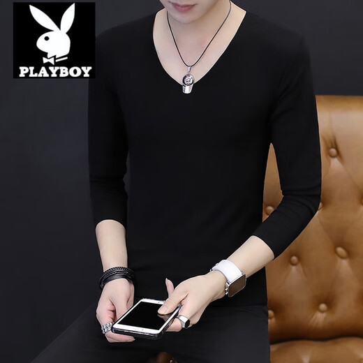 Playboy Autumn long-sleeved T-shirt men's seamless thin pure cotton low-neck underwear autumn v-neck slim cotton inner base white L 175/88A