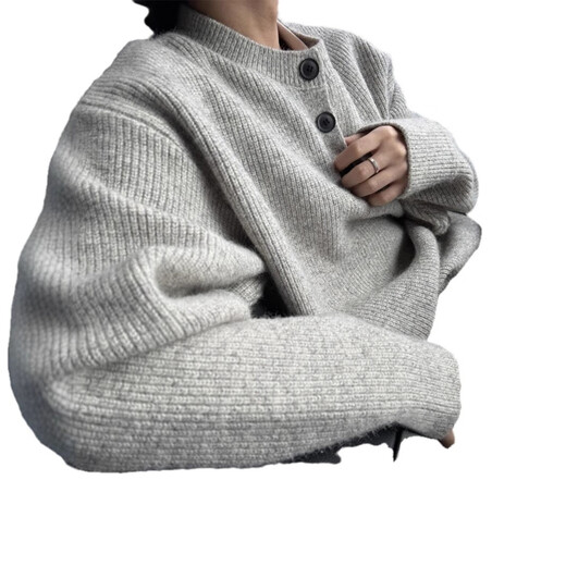 Lazy high-end Henley collar sweater for men in autumn and winter, Korean trendy brand design pullover soft waxy sweater top, light gray 2XL