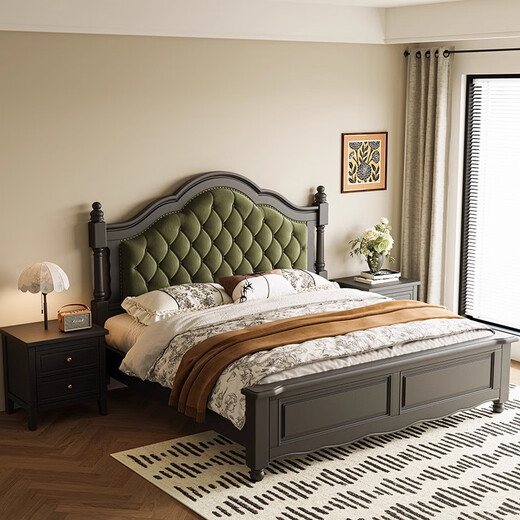 South classical furniture American light luxury retro black 2-meter solid wood bed French mid-century style green soft bag storage master bedroom princess bed single bed 1.5*2 meters