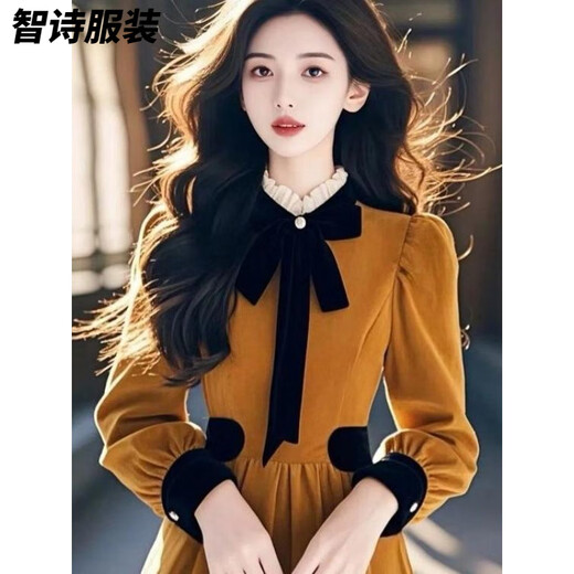 Meianjia thickened velvet and super beautiful yellow velvet dress women's spring, autumn and winter dress French slim bottoming long skirt Velvet dress thickened/style 2XL