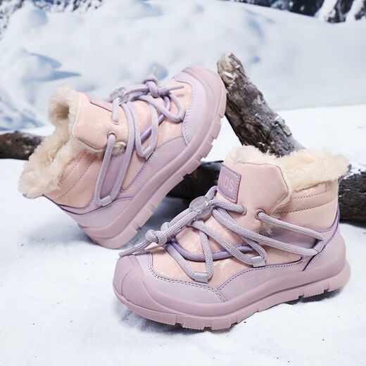 Children's leather snow boots waterproof winter boys and girls non-slip plus velvet thickened cotton shoes 6-12 years old burgundy 966 cotton 38 24.3cm